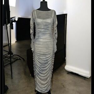 Divided Silvery Blue Long Sleeve Ruched Dress